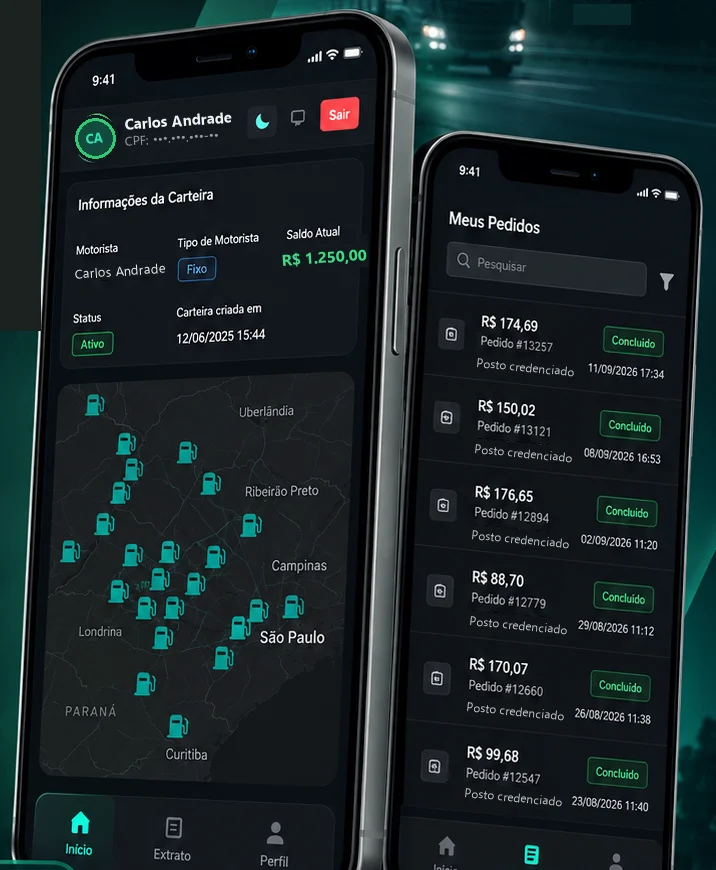 Duas telas do app CP4 para motoristas: carteira com saldo e mapa da rede de postos, e a lista de pedidos concluídos